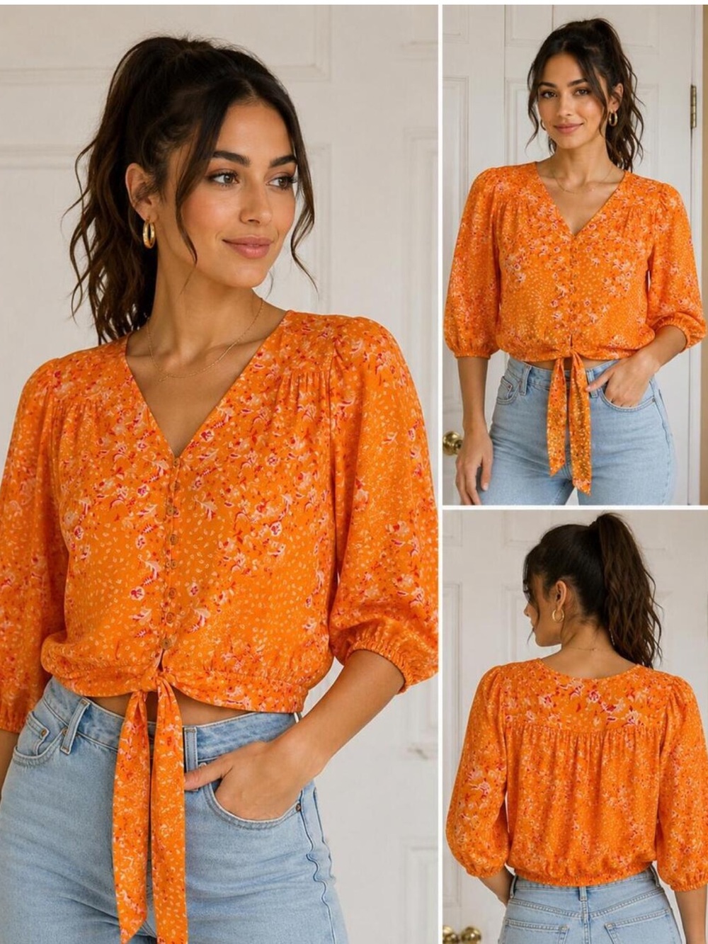 Joie Orange Floral Tie-Front
Peasant Blouse